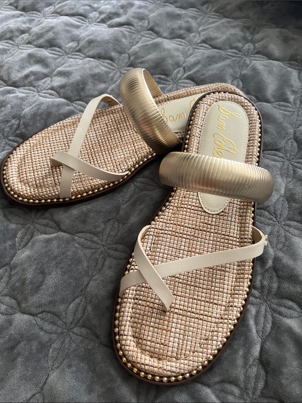 Sam Edelman Metallic Gold Raffia & Cream Strap Slide Sandals